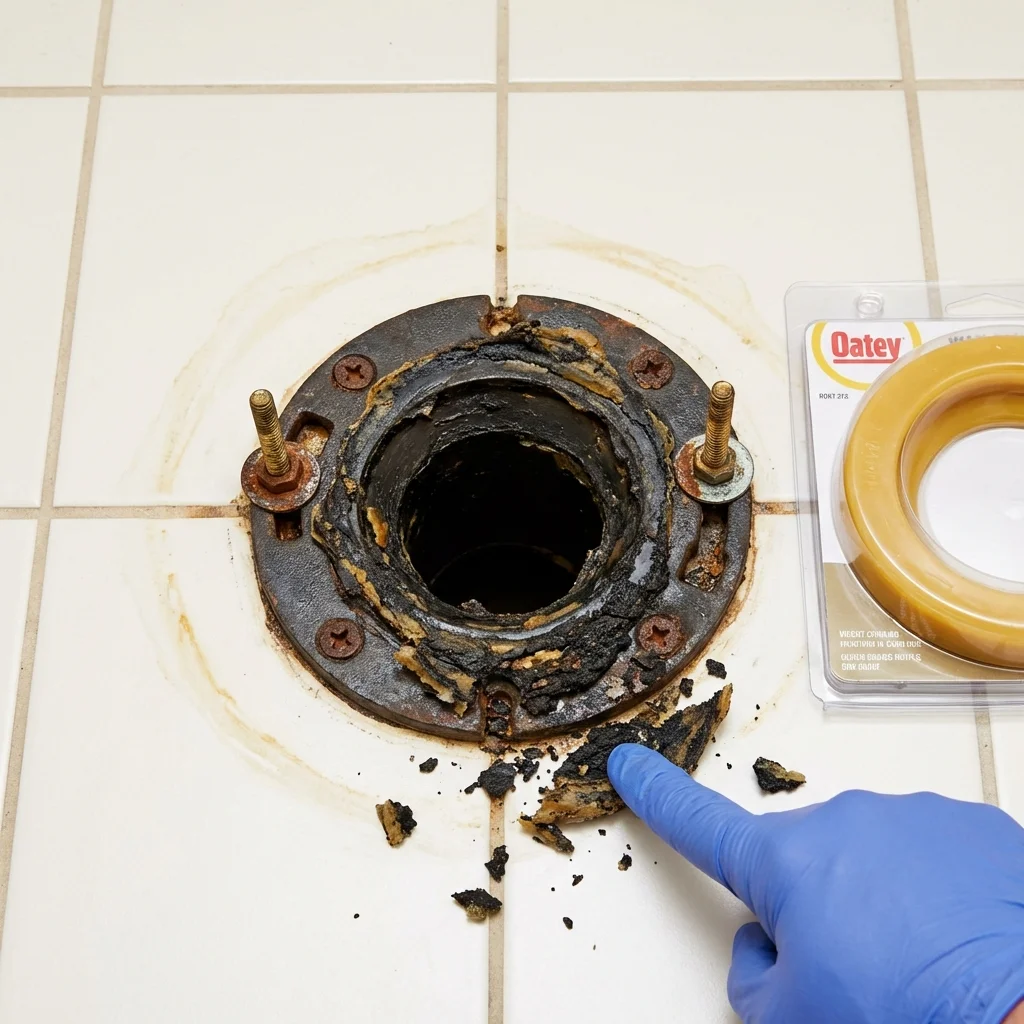 Failed wax ring showing water seepage at the base of a toilet in a Hatfield, PA home