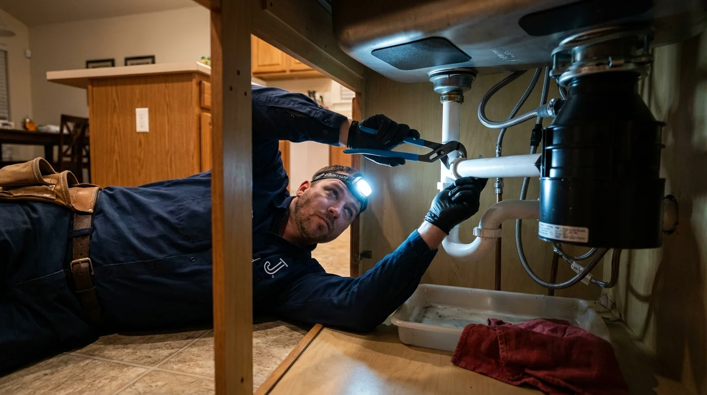 P-trap and supply line connections under a kitchen sink showing a common leak point in Hatfield, PA